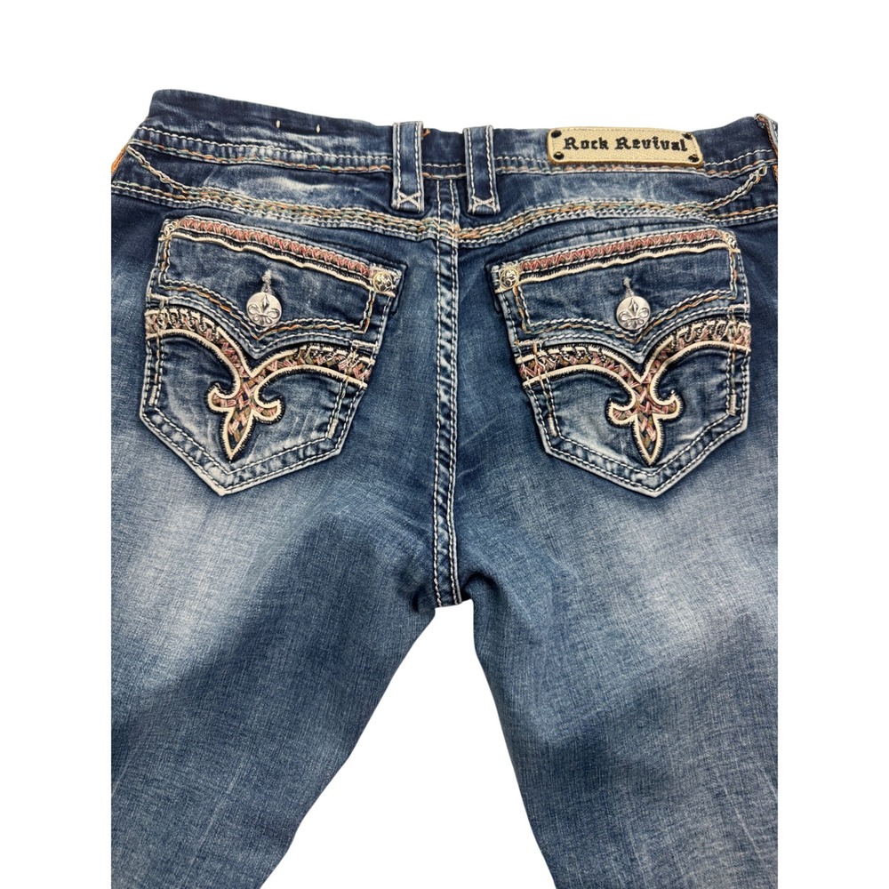 Rock Revival Jeline Easy Crop Jeans Size 31 Medium Wash Embroidered Flap Pocket